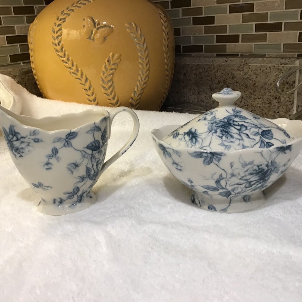 Gracie Bone China by Coastline Imports - Sugar and Creamer Floral Blue pattern